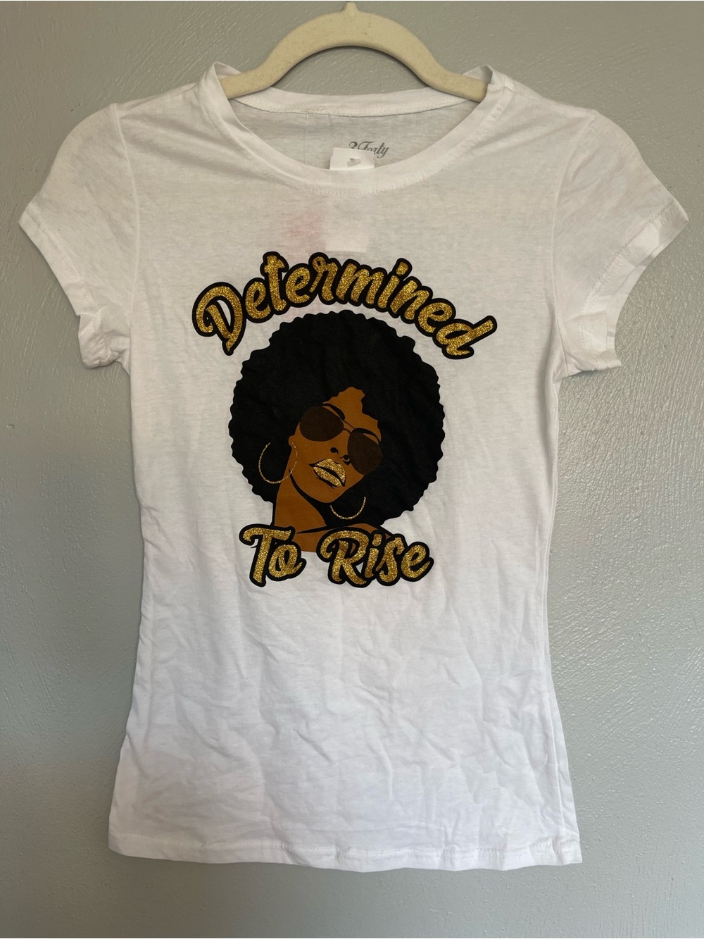 3Forty Determined To Rise Graphic Tee White Glitter Afro NWT Medium
